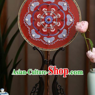 China Handmade Red Silk Palace Fan Traditional Hanfu Dance Circular Fans Wedding Bride Embroidered Beads Fan