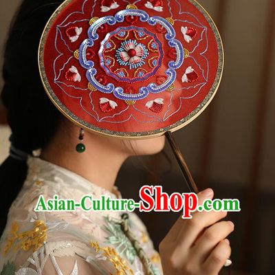 China Wedding Bride Embroidered Sequins Fan Handmade Red Silk Palace Fan Traditional Hanfu Dance Circular Fans