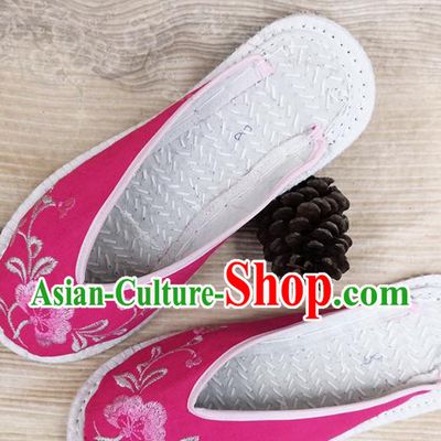 Chinese Woman Strong Cloth Slippers National Rosy Flax Shoes Handmade Embroidery Flowers Shoes