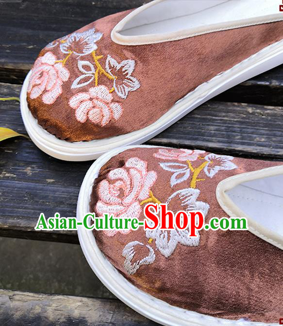 Chinese Handmade Embroidery Shoes Woman Strong Cloth Slippers National Brown Satin Shoes Chinese Handmade Embroidery Shoes Woman Strong Cloth Slippers National Brown Satin Shoes