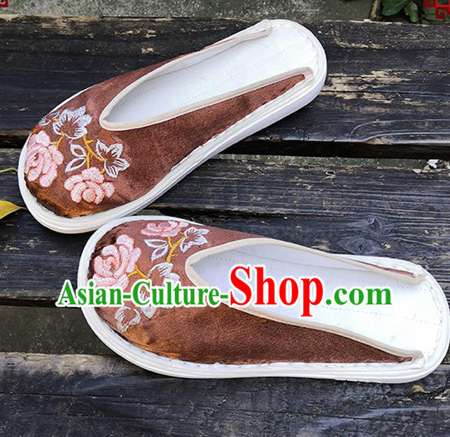 Chinese Handmade Embroidery Shoes Woman Strong Cloth Slippers National Brown Satin Shoes Chinese Handmade Embroidery Shoes Woman Strong Cloth Slippers National Brown Satin Shoes