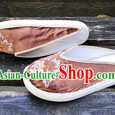 Chinese Handmade Embroidery Shoes Woman Strong Cloth Slippers National Brown Satin Shoes