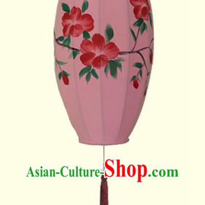 China Classical Pink Cloth Lamp Traditional Festival Hanging Lanterns Hand Painting Peach Blossom Lantern