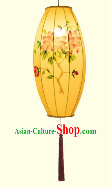 China Handmade Painting Peony Lantern Classical Yellow Cloth Lamp Traditional Festival Hanging Lanterns China Handmade Painting Peony Lantern Classical Yellow Cloth Lamp Traditional Festival Hanging Lanterns