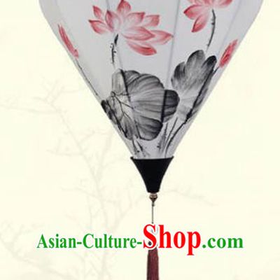 China Traditional New Year Hanging Lanterns Handmade Ink Painting Lotus Lantern Classical White Cloth Diamond Lamp