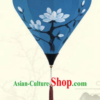China Handmade Painting Mangnolia Lantern Classical Blue Cloth Hanging Lamp Traditional New Year Diamond Lanterns