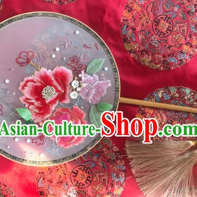 China Handmade Bride Silk Palace Fan Traditional Hanfu Dance Fans Wedding Embroidered Peony Fan