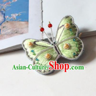 Handmade China Embroidered Green Butterfly Hair Stick Classical Qipao Pearls Hair Accessories