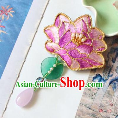 Handmade China Embroidered Lotus Pink Brooch Classical Jade Leaf Tassel Breastpin Accessories