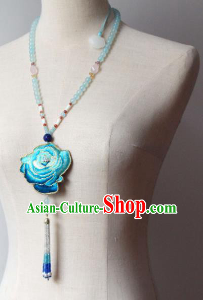 Handmade China Embroidered Blue Rose Necklet Classical Pearls Tassel Necklace Accessories