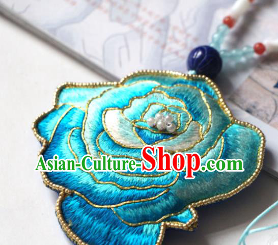 Handmade China Embroidered Blue Rose Necklet Classical Pearls Tassel Necklace Accessories
