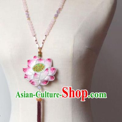 Handmade China Classical Garnet Beads Tassel Necklace Accessories Embroidered Pink Lotus Necklet