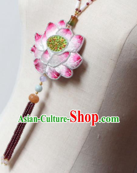 Handmade China Classical Garnet Beads Tassel Necklace Accessories Embroidered Pink Lotus Necklet