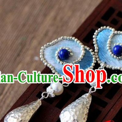 China National Cheongsam Ear Jewelry Handmade Silver Ear Accessories Suzhou Embroidered Blue Cloud Earrings