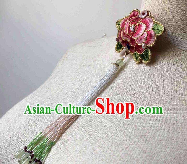 Handmade China Classical Qipao Beads Tassel Brooch Accessories Embroidered Pink Peony Breastpin Handmade China Classical Qipao Beads Tassel Brooch Accessories Embroidered Pink Peony Breastpin