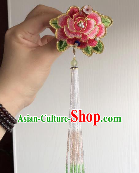 Handmade China Classical Qipao Beads Tassel Brooch Accessories Embroidered Pink Peony Breastpin Handmade China Classical Qipao Beads Tassel Brooch Accessories Embroidered Pink Peony Breastpin