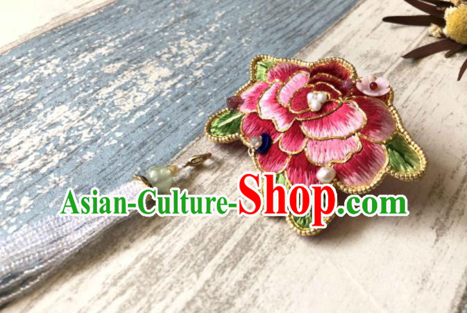 Handmade China Classical Qipao Beads Tassel Brooch Accessories Embroidered Pink Peony Breastpin Handmade China Classical Qipao Beads Tassel Brooch Accessories Embroidered Pink Peony Breastpin