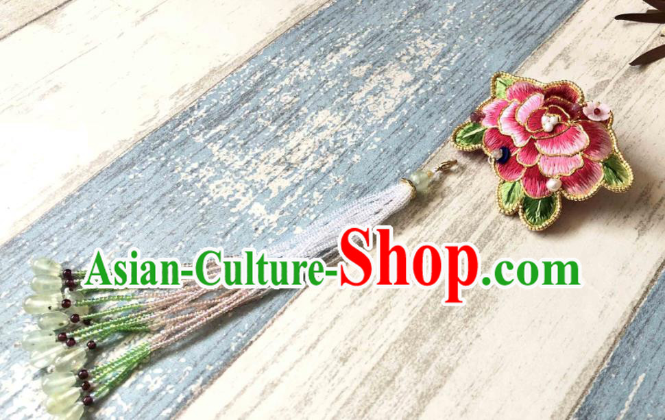 Handmade China Classical Qipao Beads Tassel Brooch Accessories Embroidered Pink Peony Breastpin Handmade China Classical Qipao Beads Tassel Brooch Accessories Embroidered Pink Peony Breastpin