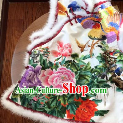Chinese Suzhou Embroidered Peony Waistcoat Traditional Tang Suit Cotton Padded Garment National Woman White Silk Vest