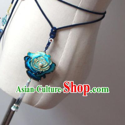Handmade China Suzhou Embroidered Blue Rosy Belt Pendant Classical Hanfu Waist Accessories