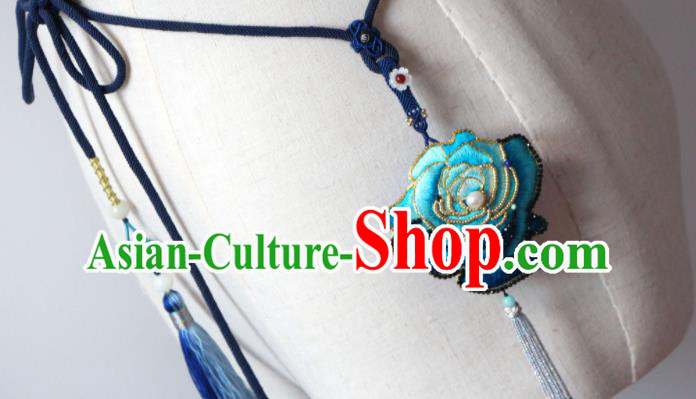 Handmade China Suzhou Embroidered Blue Rosy Belt Pendant Classical Hanfu Waist Accessories Handmade China Suzhou Embroidered Blue Rosy Belt Pendant Classical Hanfu Waist Accessories
