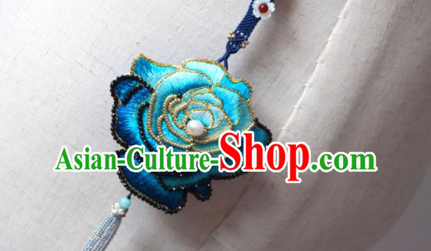 Handmade China Suzhou Embroidered Blue Rosy Belt Pendant Classical Hanfu Waist Accessories Handmade China Suzhou Embroidered Blue Rosy Belt Pendant Classical Hanfu Waist Accessories