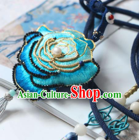 Handmade China Suzhou Embroidered Blue Rosy Belt Pendant Classical Hanfu Waist Accessories Handmade China Suzhou Embroidered Blue Rosy Belt Pendant Classical Hanfu Waist Accessories