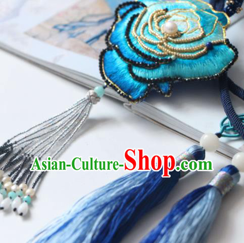 Handmade China Suzhou Embroidered Blue Rosy Belt Pendant Classical Hanfu Waist Accessories Handmade China Suzhou Embroidered Blue Rosy Belt Pendant Classical Hanfu Waist Accessories