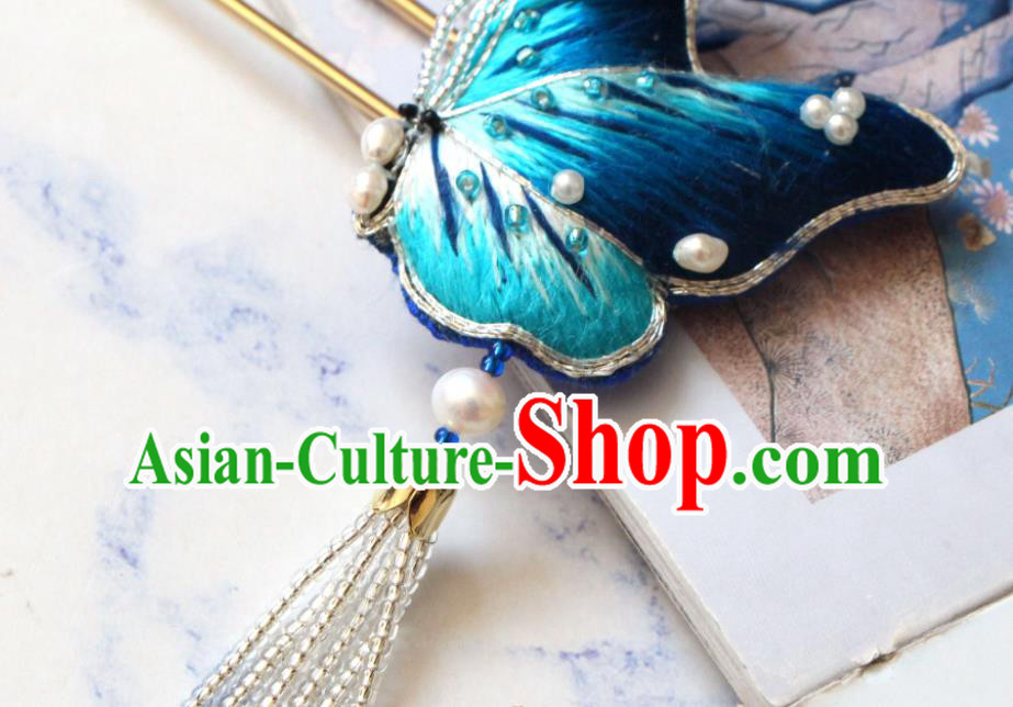 Handmade China Classical Hanfu Hair Accessories Suzhou Embroidered Blue Butterfly Hairpin Handmade China Classical Hanfu Hair Accessories Suzhou Embroidered Blue Butterfly Hairpin