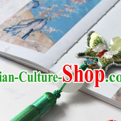 Handmade China Suzhou Embroidered Green Butterfly Belt Pendant Classical Hanfu Tassel Brooch Accessories