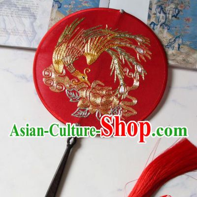 Chinese Suzhou Embroidered Phoenix Peony Fan Traditional Wedding Fan Classical Bride Palace Fan Handmade Red Silk Circular Fan