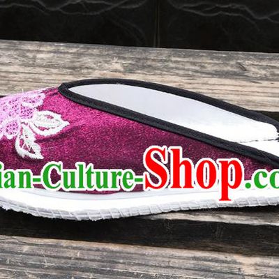 Chinese National Shoes Handmade Embroidery Purple Satin Shoes Woman Slippers