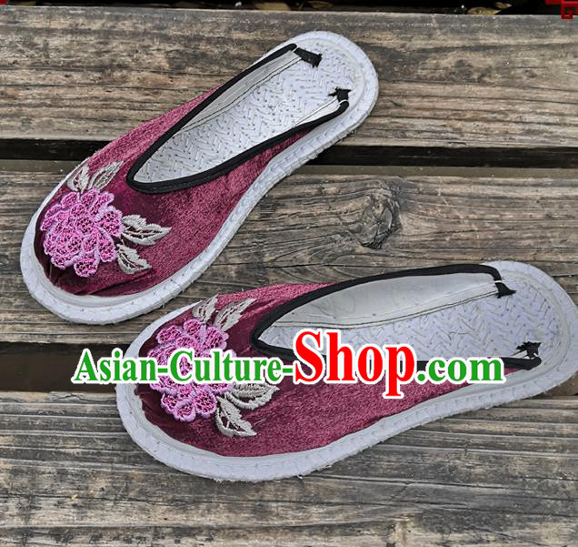 Chinese National Shoes Handmade Embroidery Purple Satin Shoes Woman Slippers Chinese National Shoes Handmade Embroidery Purple Satin Shoes Woman Slippers