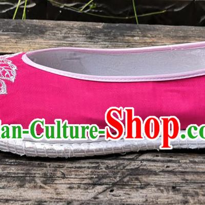 Handmade China Yunnan Ethnic Peach Pink Satin Shoes Wedding Bride Embroidered Shoes National Woman Strong Cloth Shoes