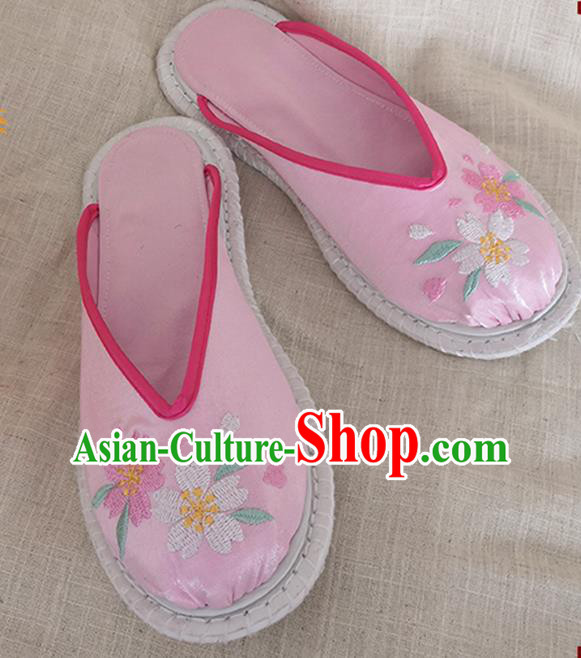Chinese Handmade Embroidery Sakura Pink Satin Shoes Woman Slippers National Shoes Chinese Handmade Embroidery Sakura Pink Satin Shoes Woman Slippers National Shoes