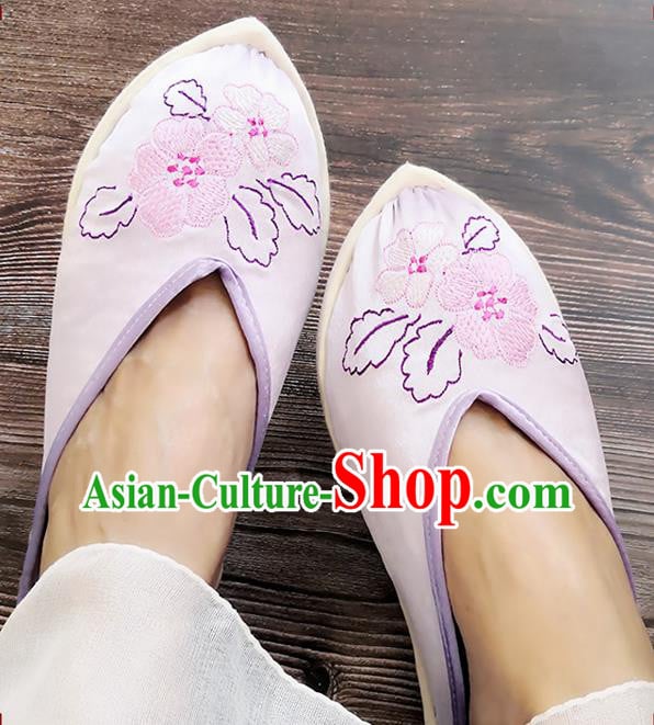 Chinese Handmade Embroidery Lilac Satin Shoes Woman Slippers National Strong Cloth Shoes Chinese Handmade Embroidery Lilac Satin Shoes Woman Slippers National Strong Cloth Shoes