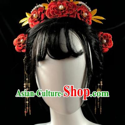 China Song Dynasty Wedding Red Peony Hair Crown Traditional Hanfu Headpiece Ancient Bride Tassel Hairpins Hair Accessories