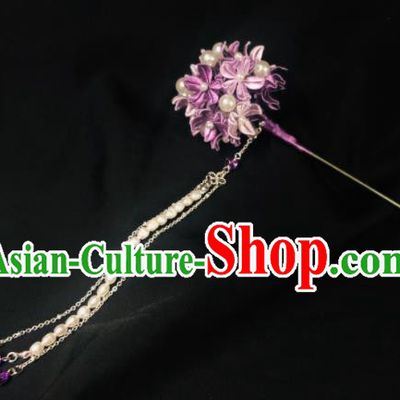 China Traditional Hanfu Hair Accessories Ancient Young Lady Pearls Tassel Hair Stick Song Dynasty Princess Purple Silk Hydrangea Hairpin
