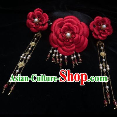 China Handmade Red Silk Peony Hairpin Traditional Hanfu Wedding Headpieces Ancient Bride Hair Crown