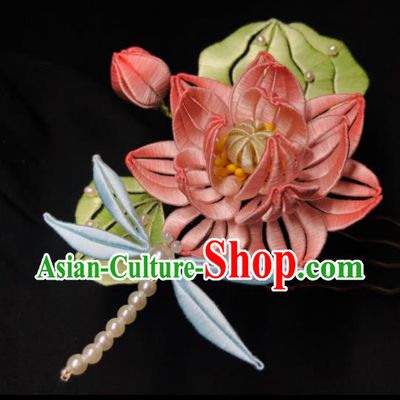China Handmade Pink Silk Lotus Hairpin Traditional Hanfu Headpieces Ancient Song Dynasty Princess Hair Comb