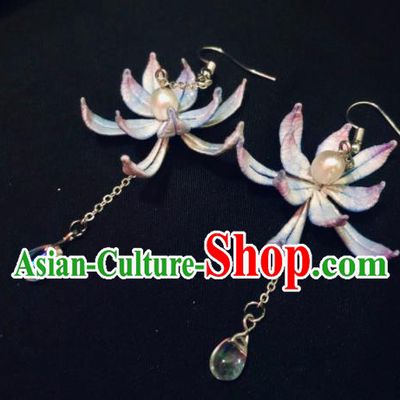 China Cheongsam Earrings National Woman Ear Jewelry Handmade Lilac Silk Lotus Ear Accessories