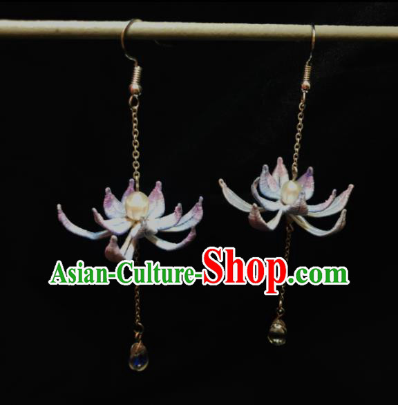China Cheongsam Earrings National Woman Ear Jewelry Handmade Lilac Silk Lotus Ear Accessories China Cheongsam Earrings National Woman Ear Jewelry Handmade Lilac Silk Lotus Ear Accessories