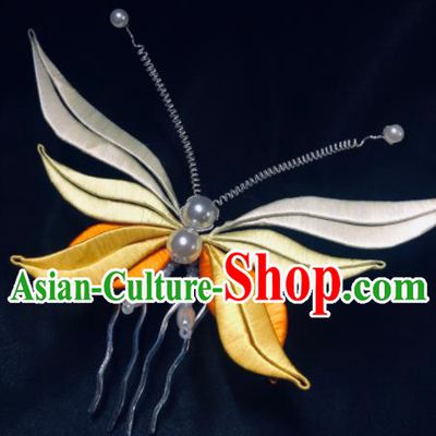 China Handmade Yellow Silk Butterfly Hairpin Traditional Song Dynasty Hanfu Headpiece Ancient Palace Lady Hair Comb