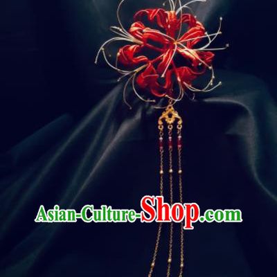 China Handmade Red Spider Lily Hairpin Traditional Tang Dynasty Hanfu Hair Accessories Ancient Goddess Tassel Hair Stick