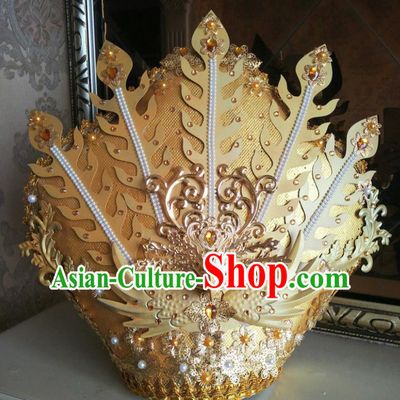 China Catwalks Performance Headwear Cosplay Queen Deluxe Golden Phoenix Hair Crown Cheongsam Show Hair Accessories