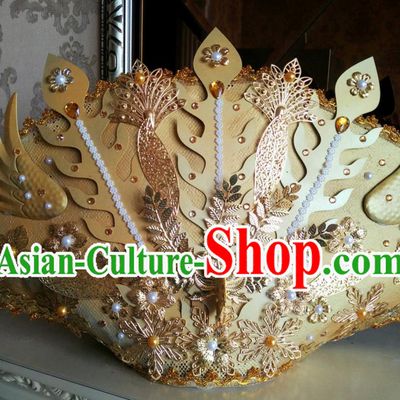 China Cheongsam Show Pearls Hair Accessories Catwalks Performance Deluxe Headwear Cosplay Queen Golden Phoenix Hair Crown