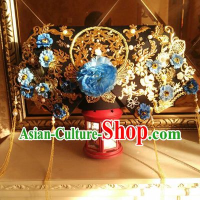 China Ancient Empress Blue Peony Great Wing Hat Handmade Qing Dynasty Imperial Consort Hair Crown Traditional Drama Palace Headdress
