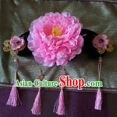 Chinese Qing Dynasty Palace Lady Headdress Ancient Manchu Girl Wigs and Hair Accessories Traditional Court Pink Peony Hairpieces