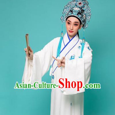 China Traditional Yue Opera Young Male Garment Peking Opera Scholar White Robe Costume Beijing Opera Xiaosheng Clothing