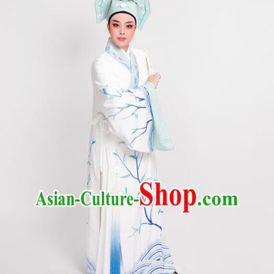 China Beijing Opera Scholar Clothing Traditional Yue Opera Young Childe Garment Peking Opera Xiaosheng Embroidered White Robe Costume